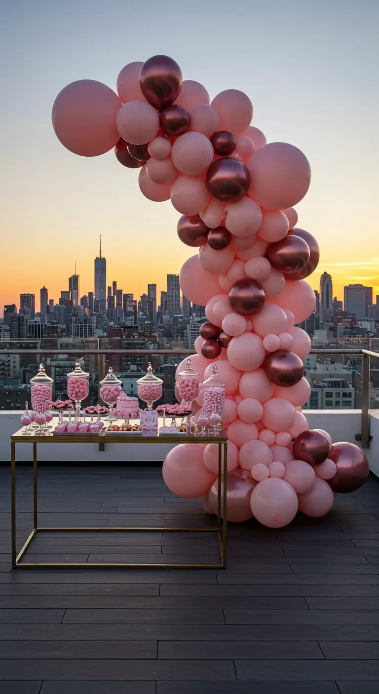Candy bar en una azotea con un arco de globos rosa y dorado al atardecer.