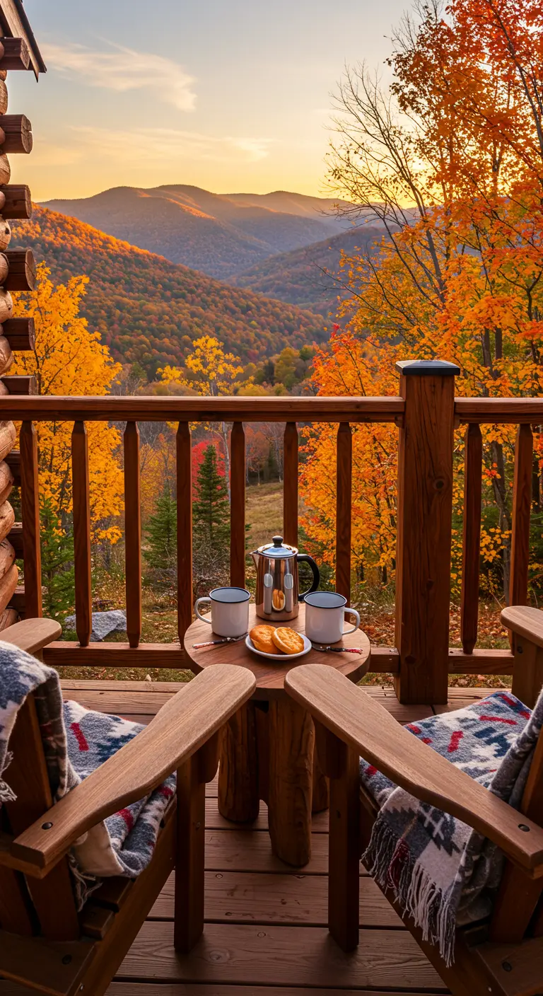Dos sillas de madera en el balcón de una cabaña con vistas a un valle montañoso en otoño al atardecer.