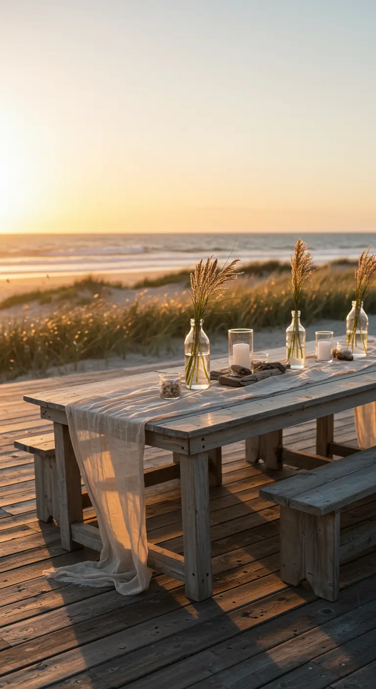 Mesa de madera en una terraza de playa al atardecer, decorada con botellas y espigas de trigo.