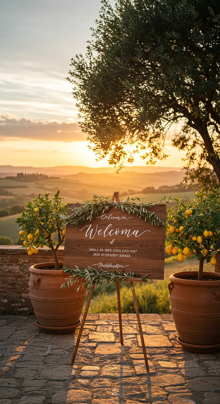 Cartel de bienvenida de madera en un paisaje toscano al atardecer, con limoneros.