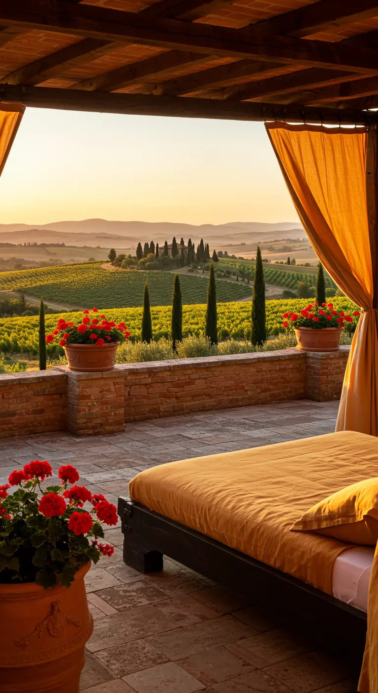Cama de exterior con cortinas ocres y vistas a un paisaje de viñedos y cipreses al atardecer