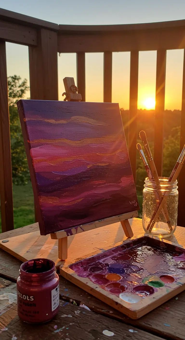 Lienzo con una pintura de atardecer en tonos morados y rosas, con el sol real al fondo.