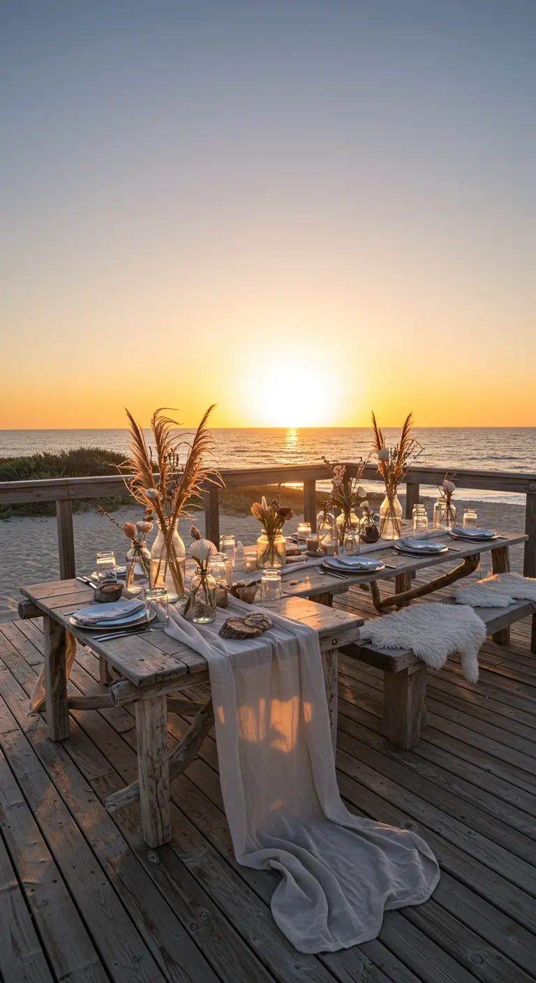 Mesa de madera en una terraza frente al mar al atardecer, decorada con flores secas en tarros.