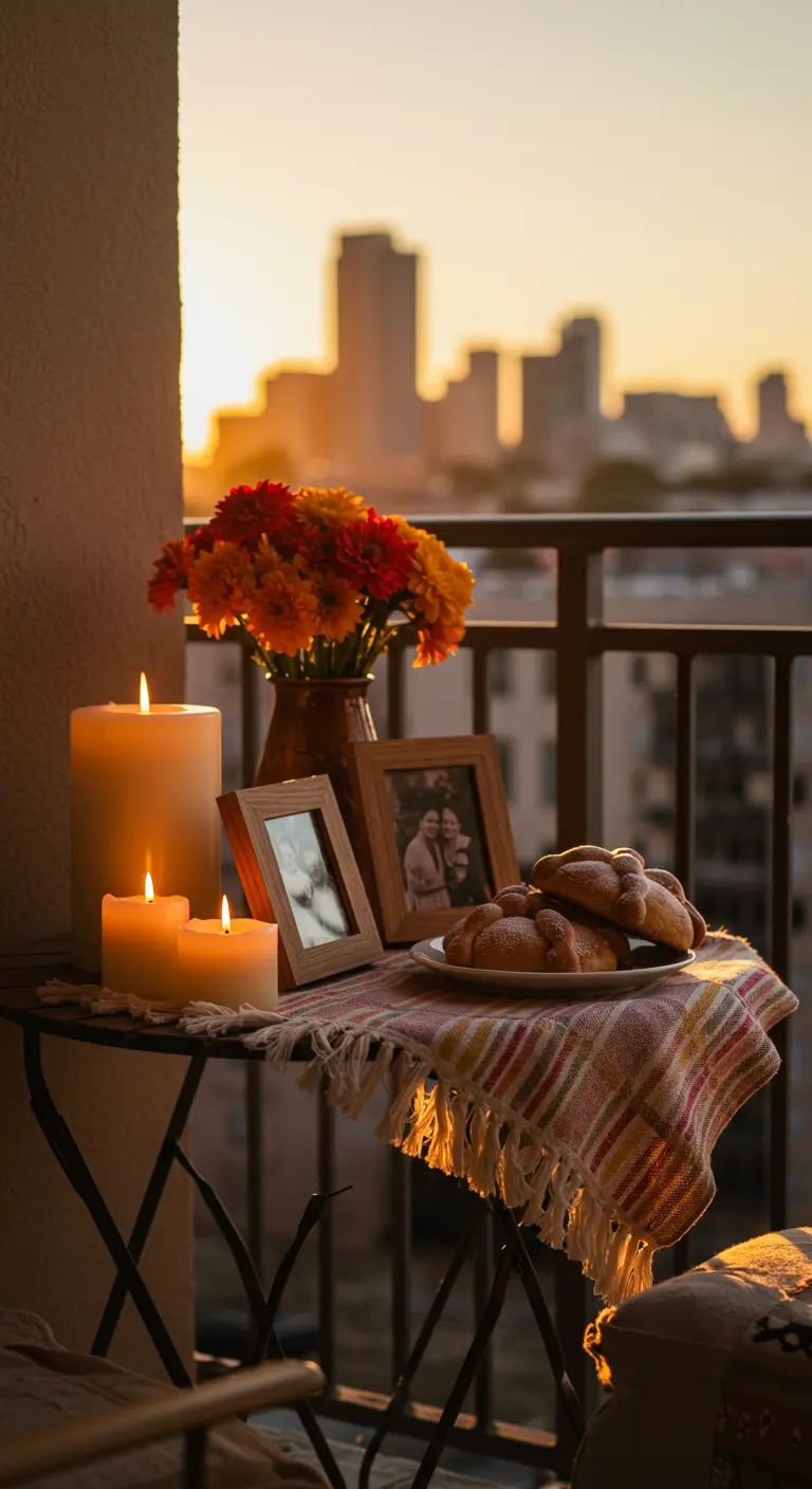 Pequeño altar en un balcón al atardecer, con velas, pan de muerto y vistas a la ciudad.