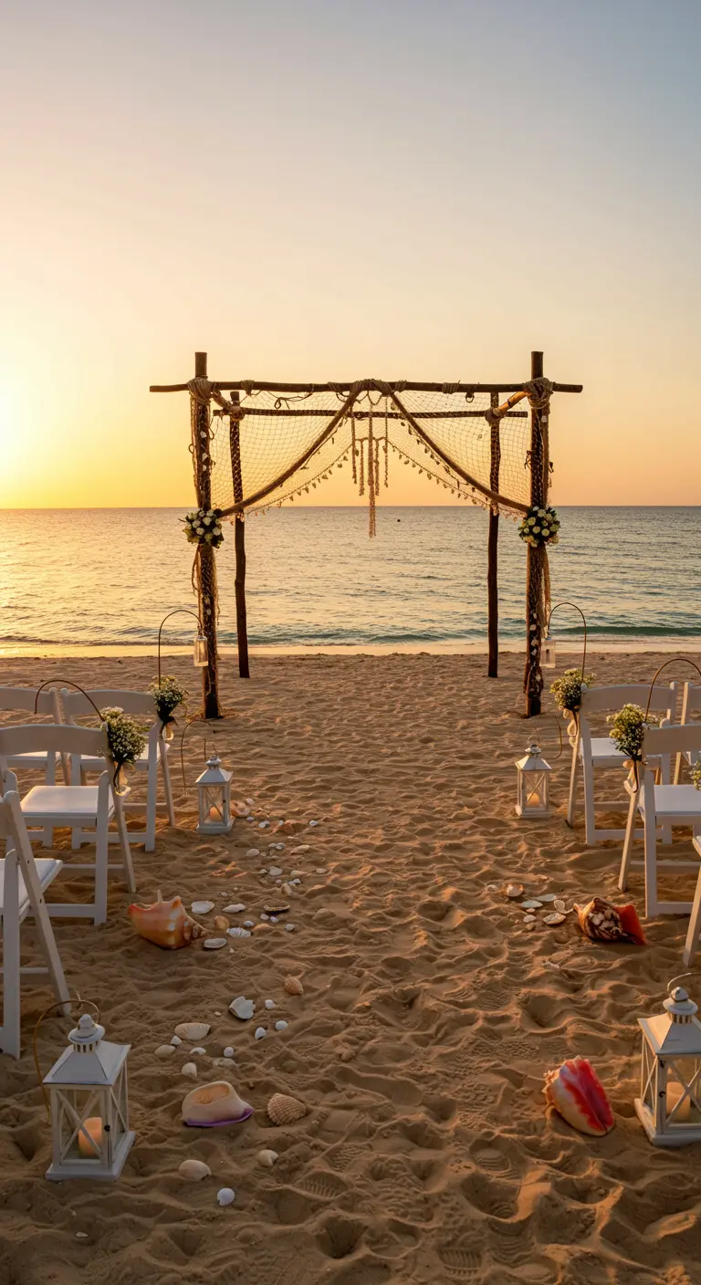 Arco de boda rústico en la playa al atardecer, con farolillos y conchas marinas.