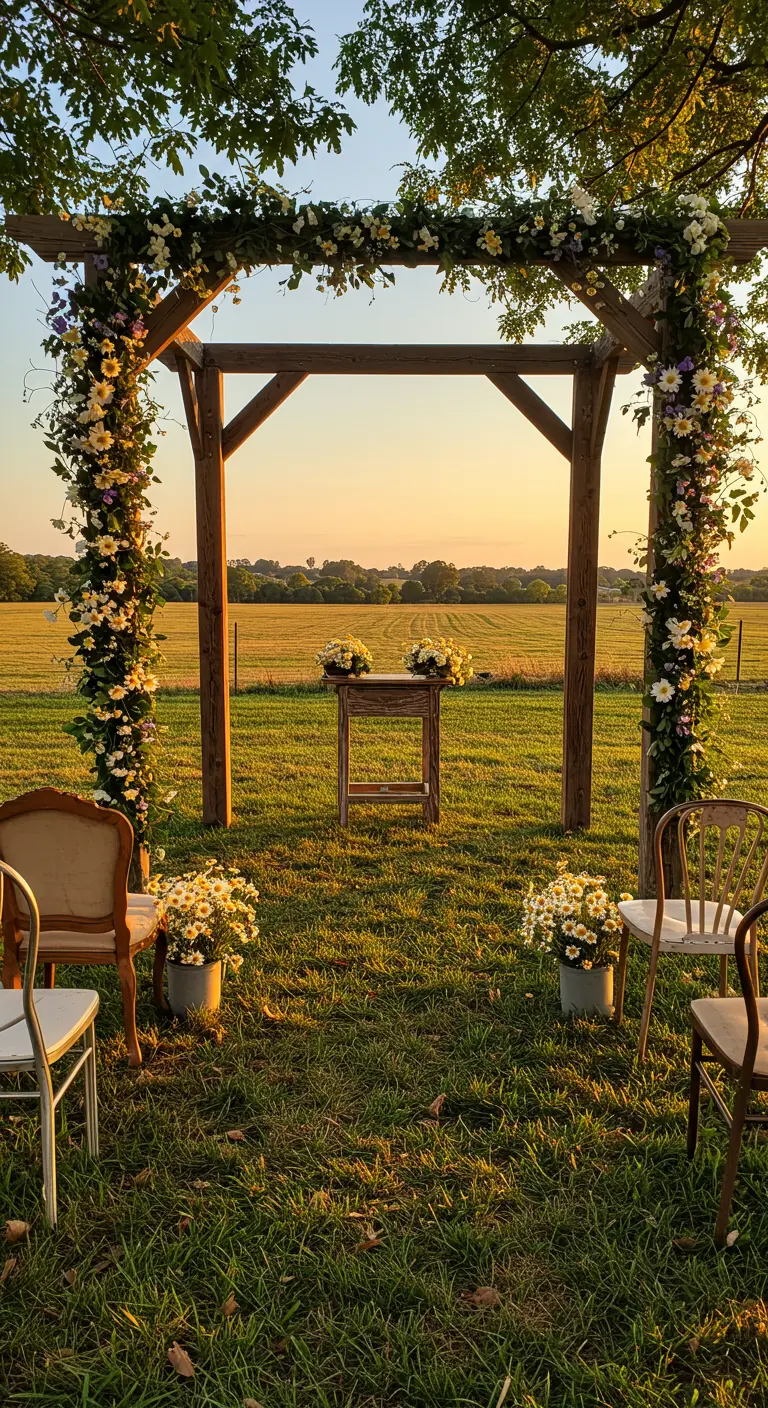 Arco de boda rústico de madera con flores blancas en un campo al atardecer.
