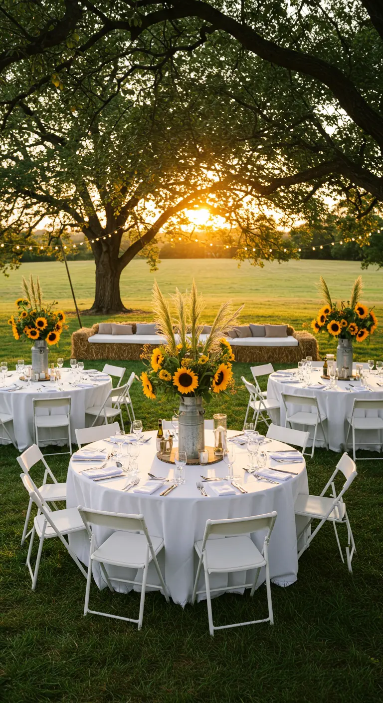 Mesas redondas al aire libre al atardecer con girasoles en lecheras de metal.