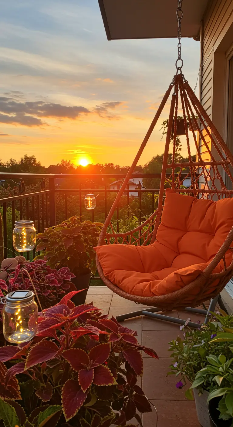 Silla colgante naranja en un balcón al atardecer, rodeada de plantas y tarros de cristal con luces solares