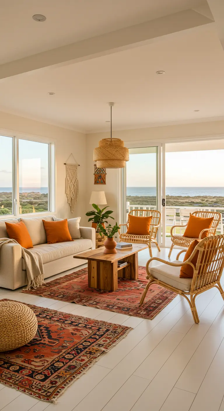 Sala de estar boho con cojines naranjas, sillas de ratán y alfombras superpuestas.