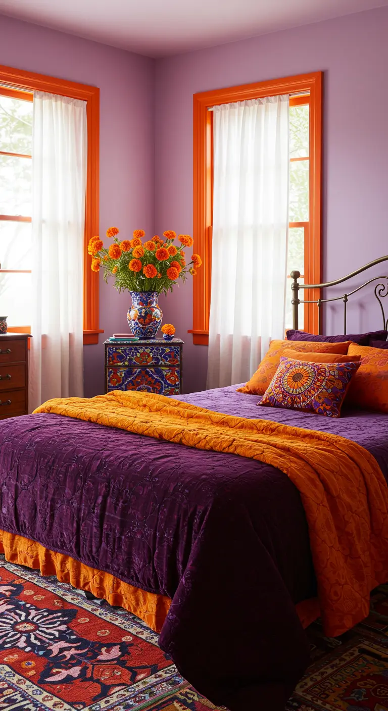 Dormitorio con paredes lavanda, marcos de ventana naranjas y ropa de cama morada.