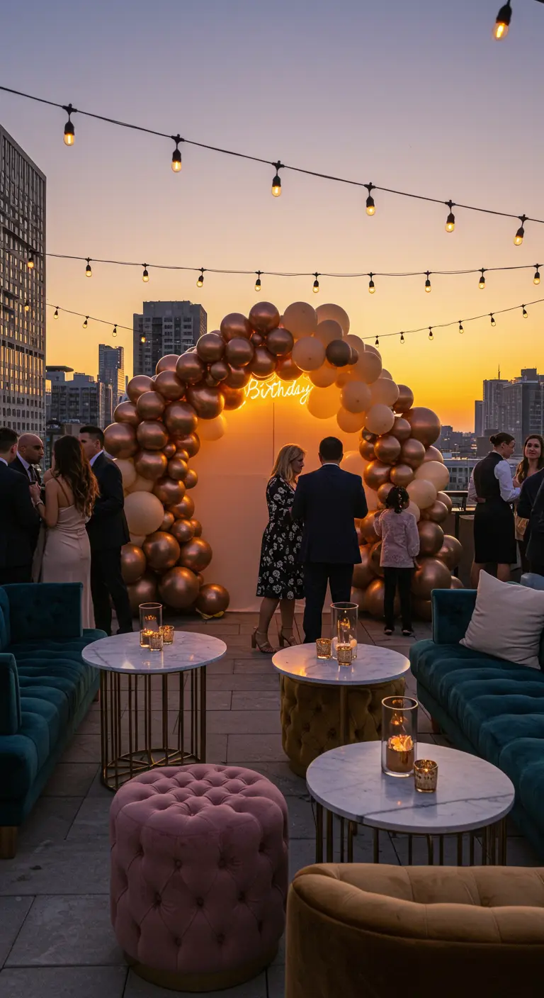 Arco de globos en tonos cobre con un letrero de neón en una azotea al atardecer.