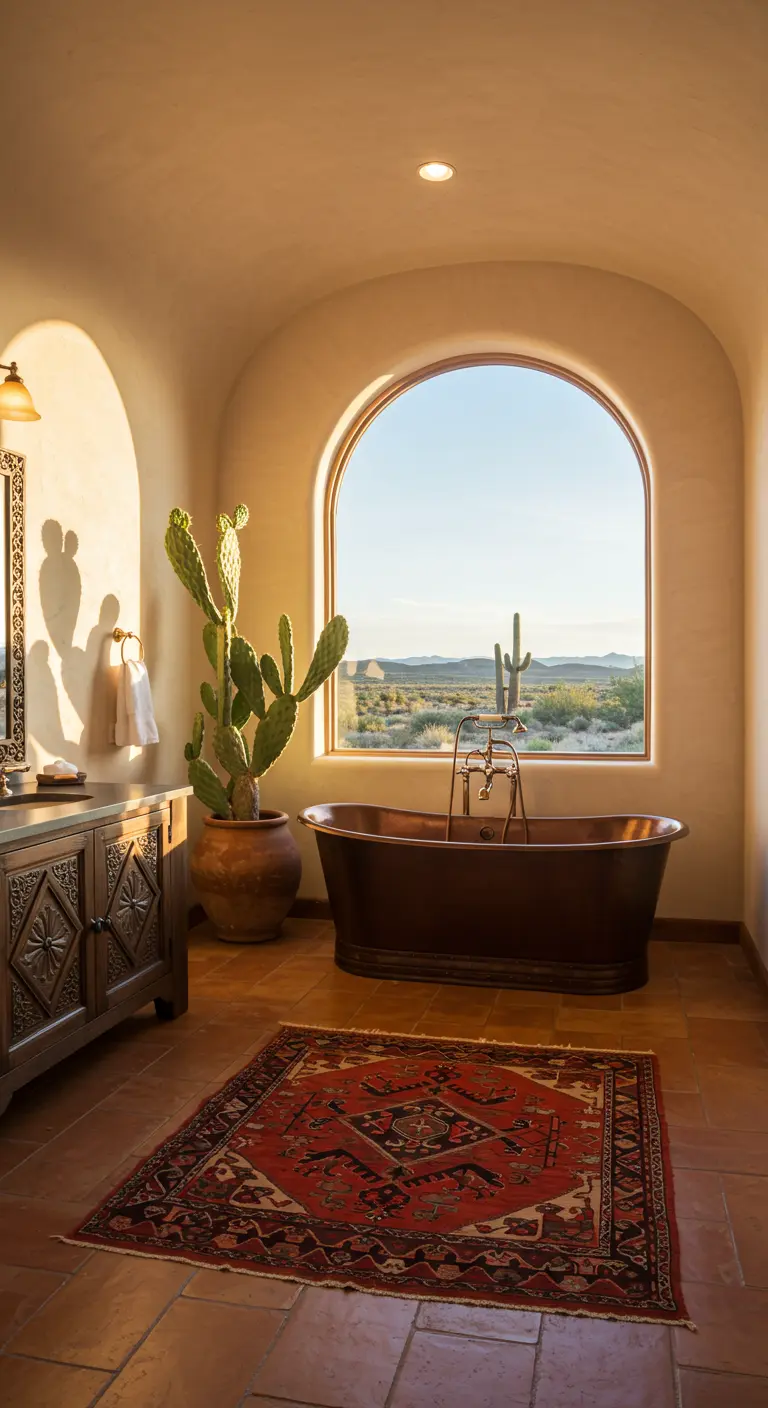 Baño rústico con bañera de cobre, ventana arqueada y vista al desierto.