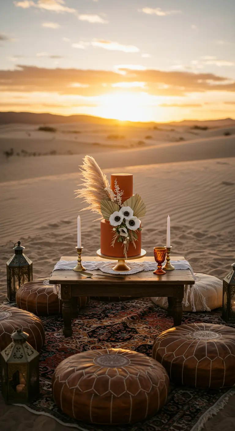 Pastel de bodas color terracota con hierba de la pampa y flores secas en el desierto.