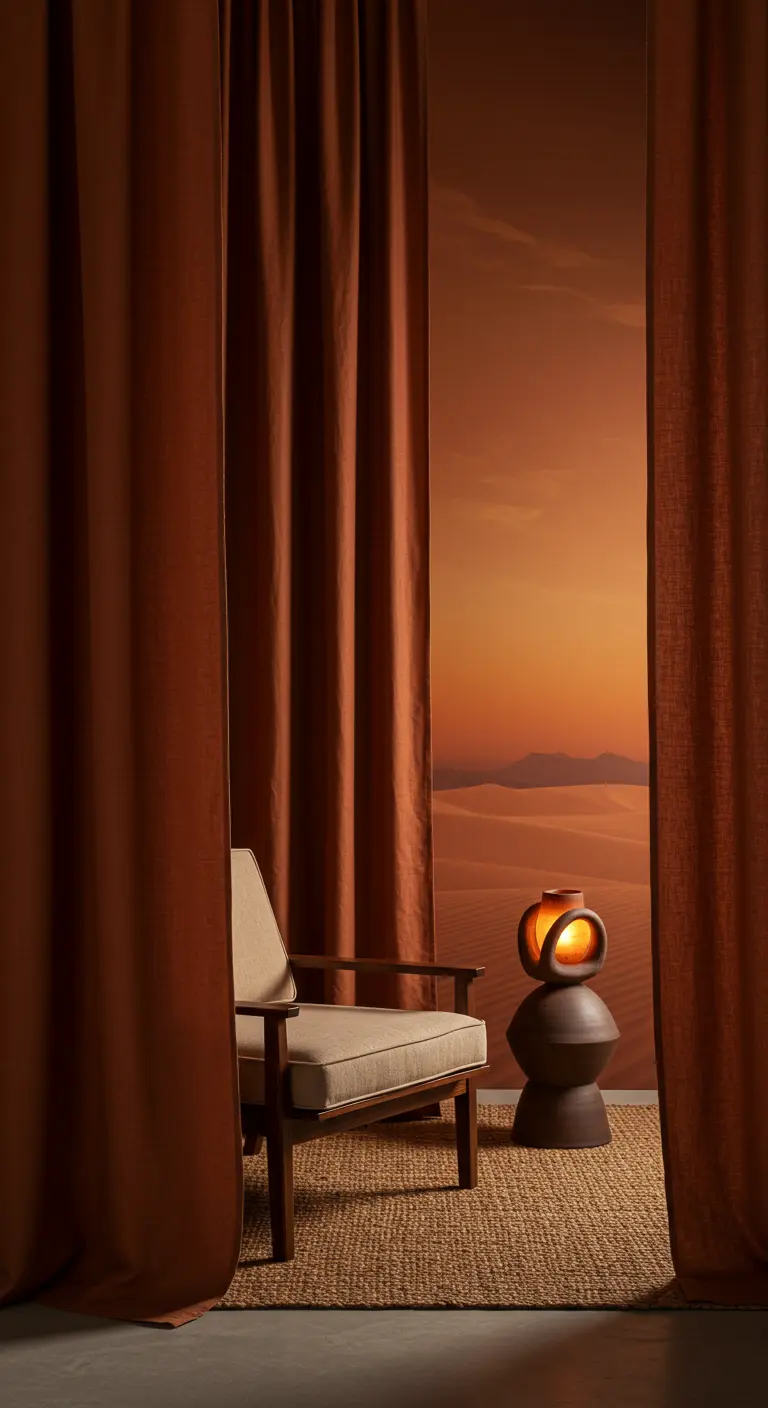 Rincón de lectura inspirado en el desierto con cortinas terracota y un mural de dunas