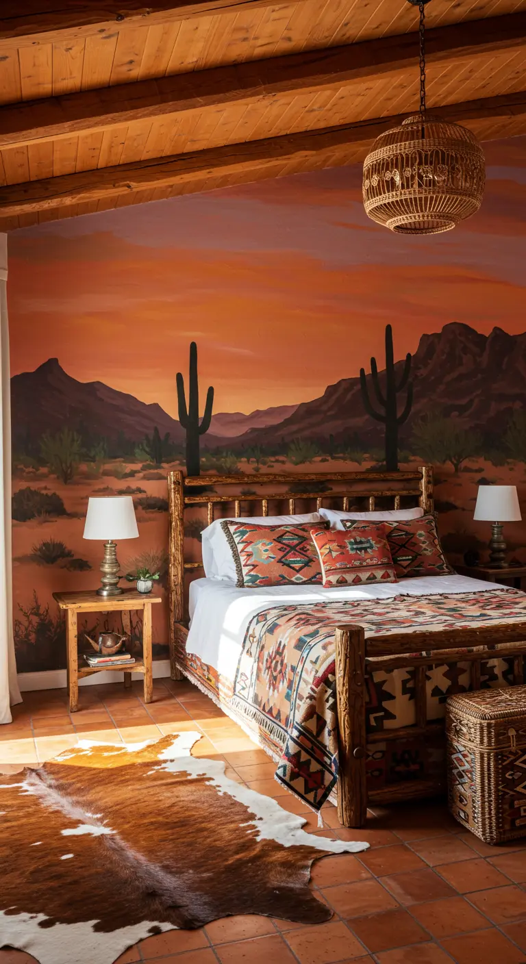 Mural de un paisaje desértico con cactus al atardecer en un dormitorio de estilo rústico.