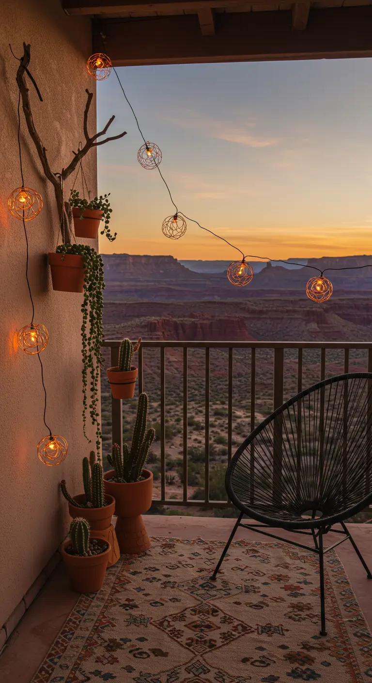 Balcón con vistas al desierto, silla Acapulco, cactus y luces geométricas colgadas de una rama seca.