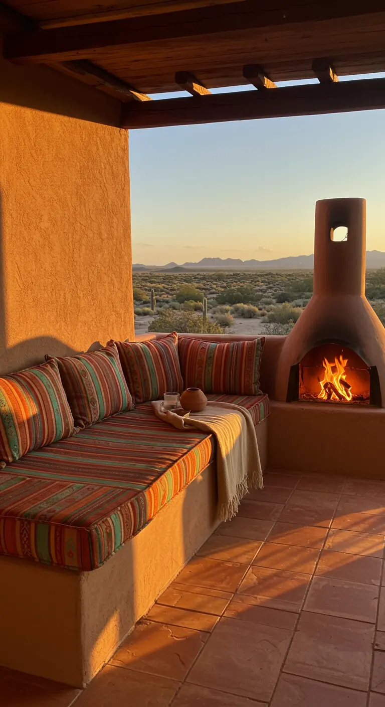 Patio de estilo suroeste con chimenea de adobe y cojines de rayas vibrantes al atardecer.