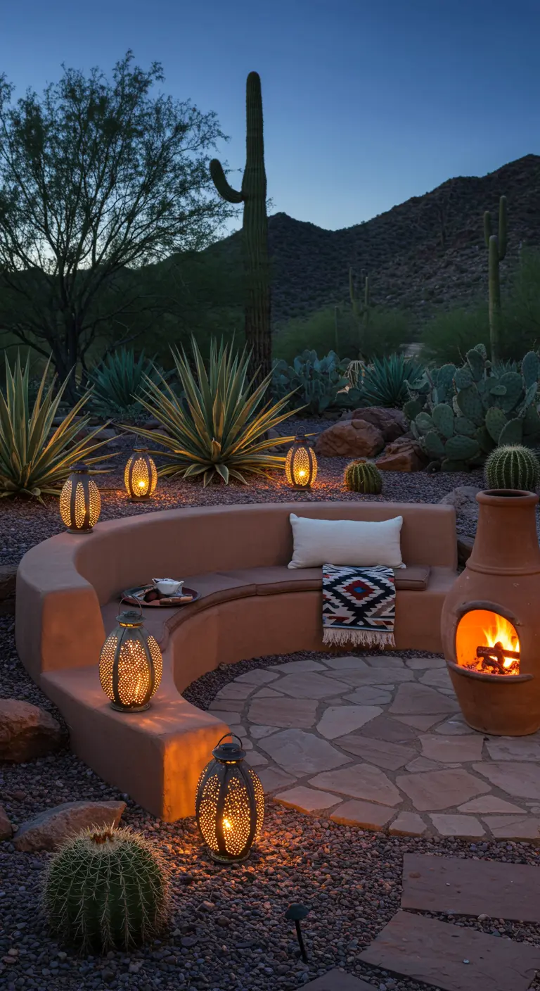 Patio de estilo desértico con un banco de obra curvo, una chimenea de barro y faroles de metal.