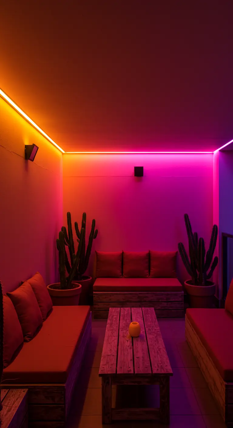 Patio interior con sofás de palets y cactus, iluminado por luces LED indirectas en tonos naranjas y magentas