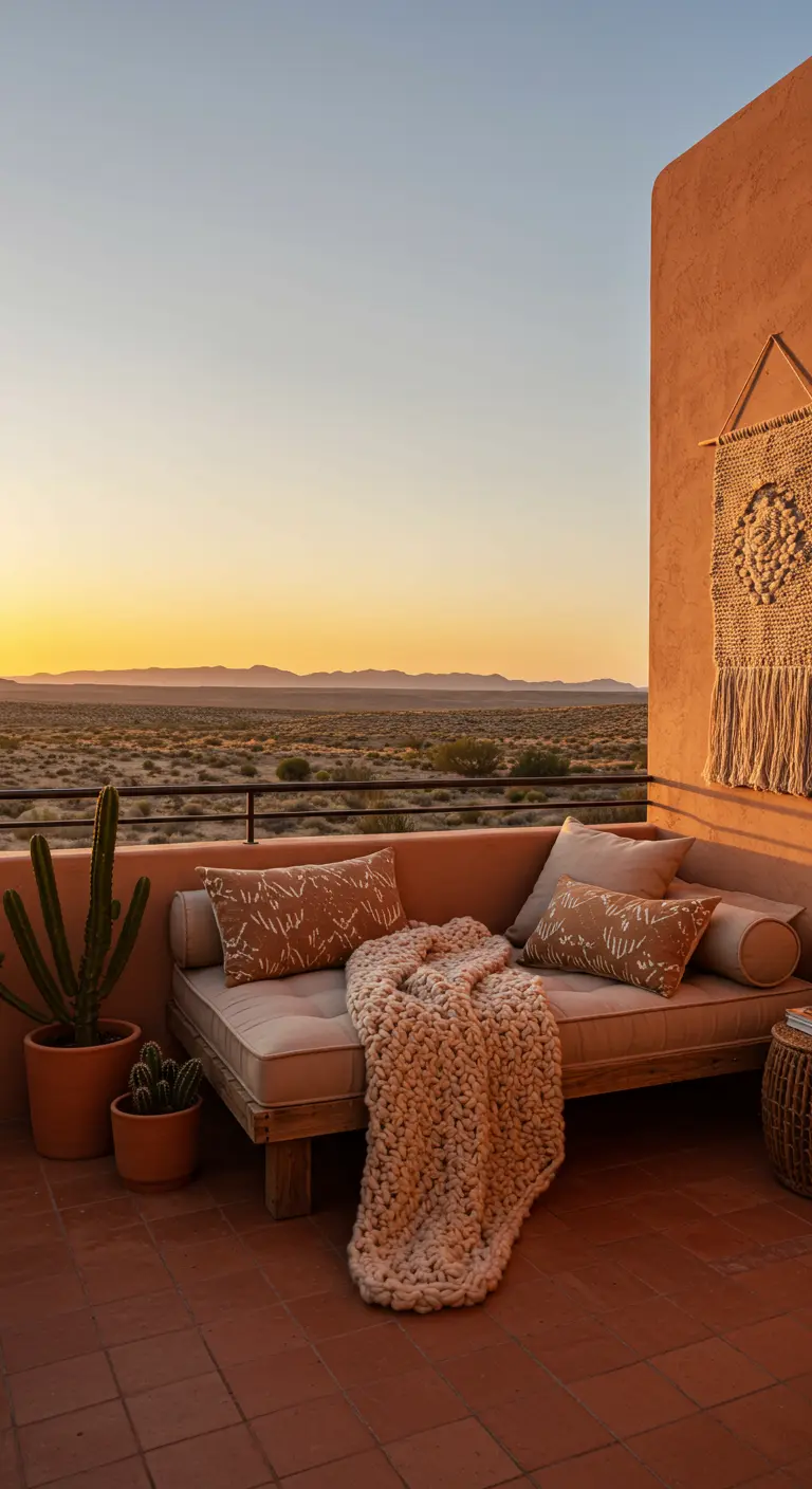 Balcón con sofá de madera, textiles en tonos tierra y vistas a un paisaje desértico.
