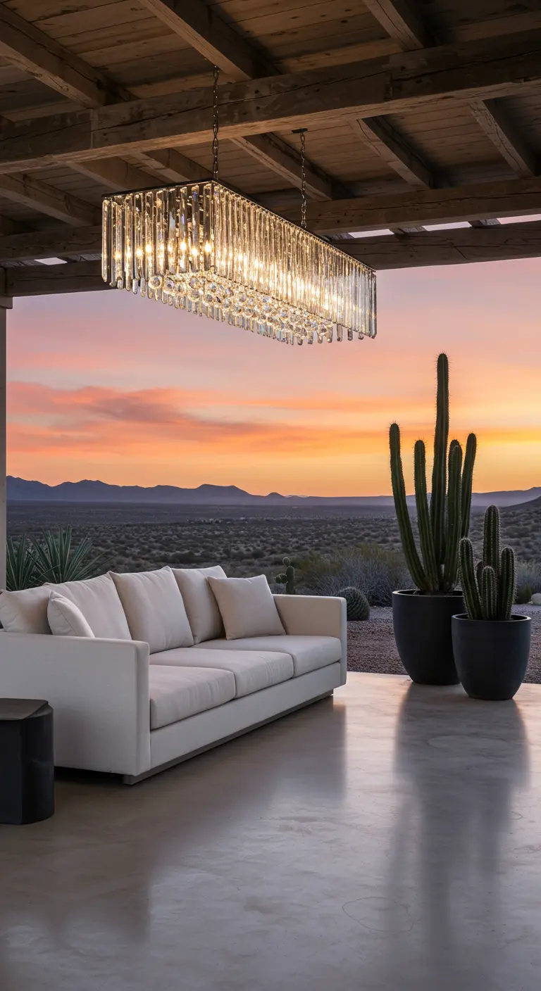 Porche moderno con vistas al desierto, sofá blanco minimalista y lámpara de cristal rectangular