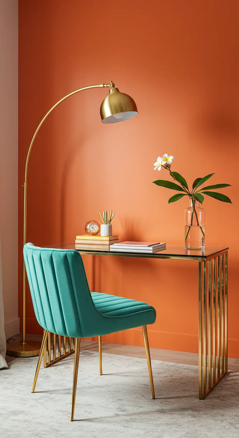 Elegante escritorio dorado con silla de terciopelo turquesa frente a una pared color terracota.