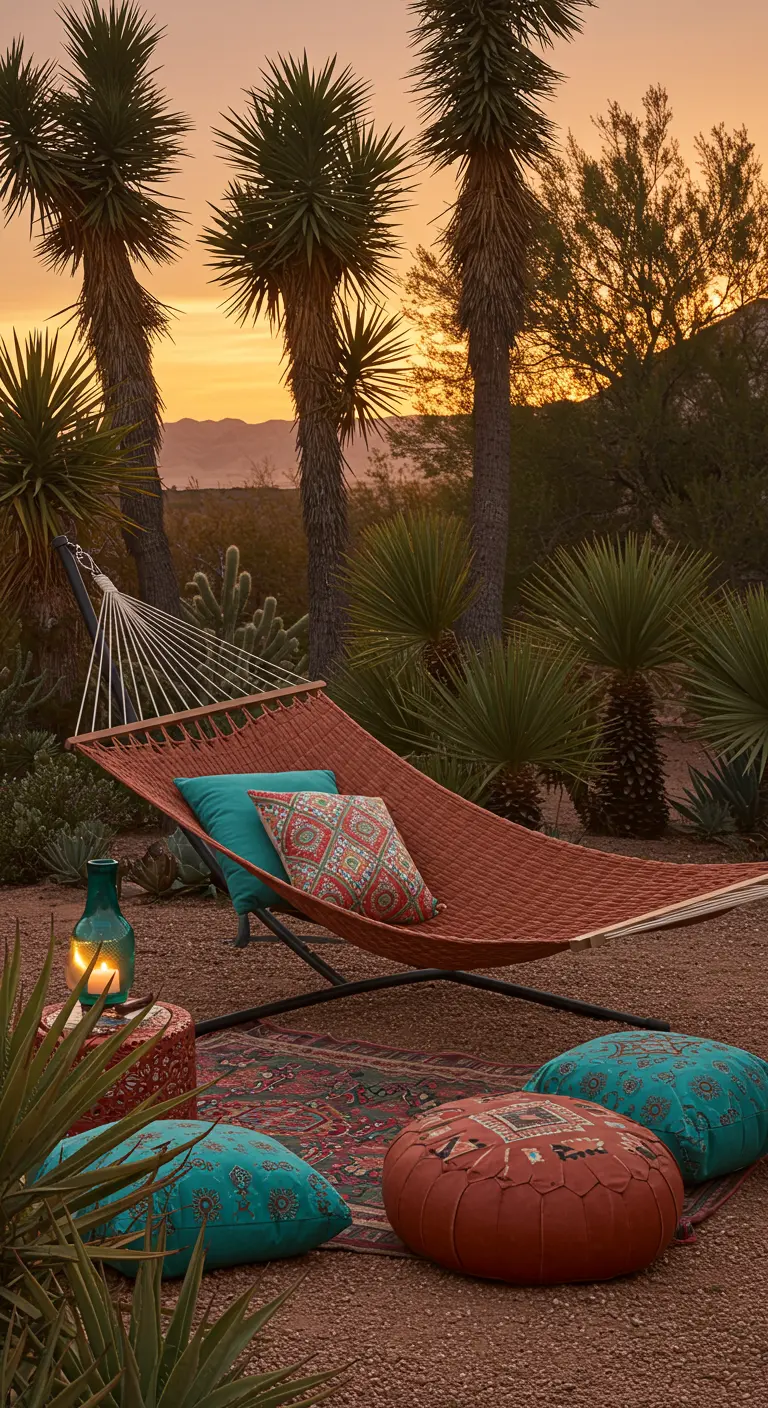 Escena desértica con hamaca naranja, alfombra persa, pufs y palmeras al atardecer.