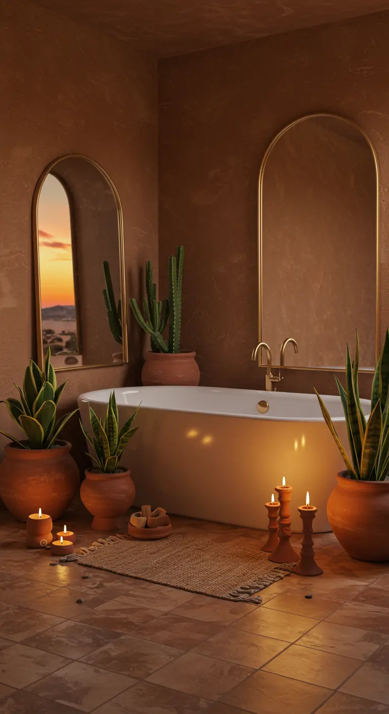 Baño bohemio en tonos tierra con espejos arqueados, cactus y velas.