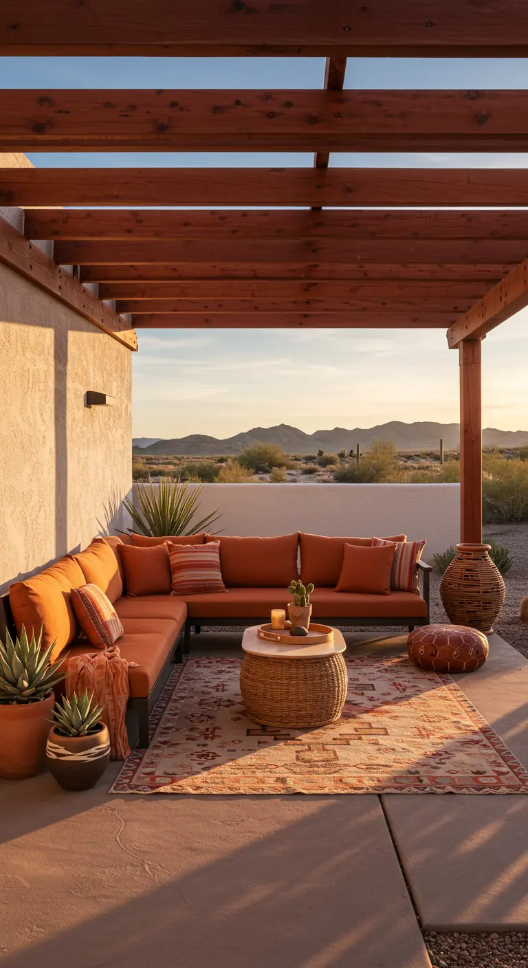 Porche estilo desértico con pérgola de madera, sofá naranja y alfombra tejida.