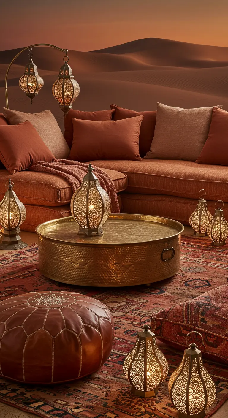 Ambiente de sala de estar inspirado en el desierto con sofás bajos, faroles de latón y tonos cálidos.
