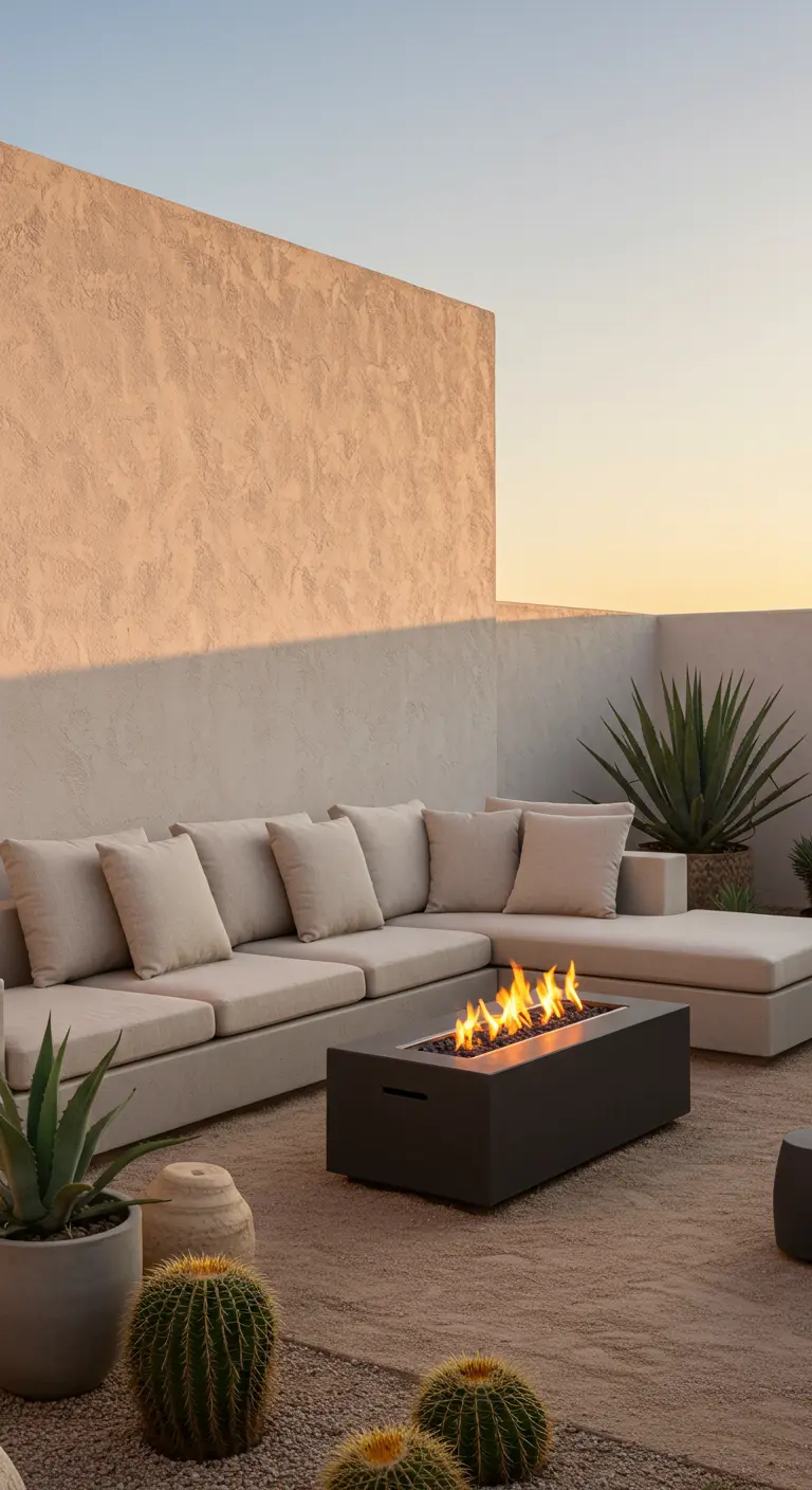 Patio de estilo desértico con sofá modular beige, brasero y cactus en el atardecer.