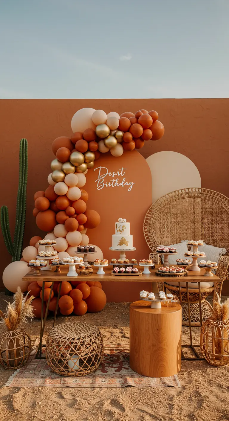 Arco de globos en tonos terracota y oro rosa en una fiesta de temática desértica.