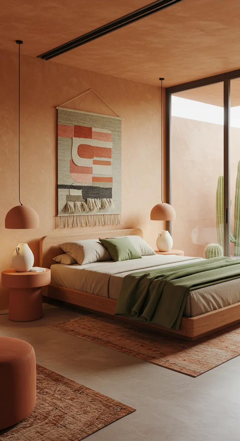 Dormitorio en tonos terracota con cama de madera, tapiz en la pared y un cactus.