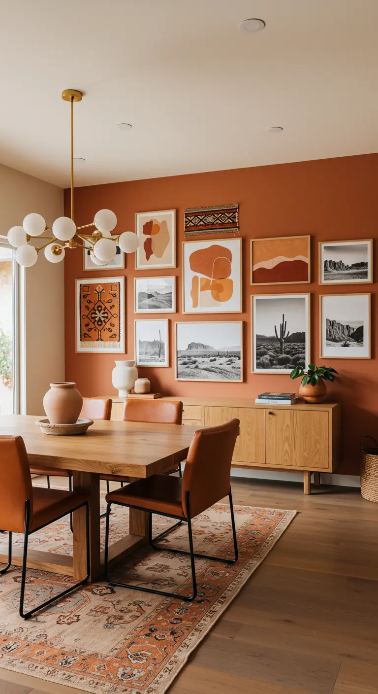 Galería de pared de estilo suroeste con arte abstracto y fotos del desierto sobre una pared terracota