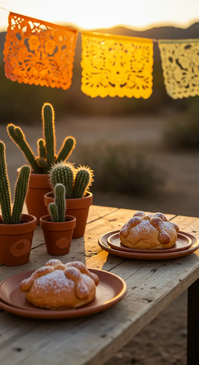 Pan de muerto en una mesa de madera al atardecer en el desierto con cactus.