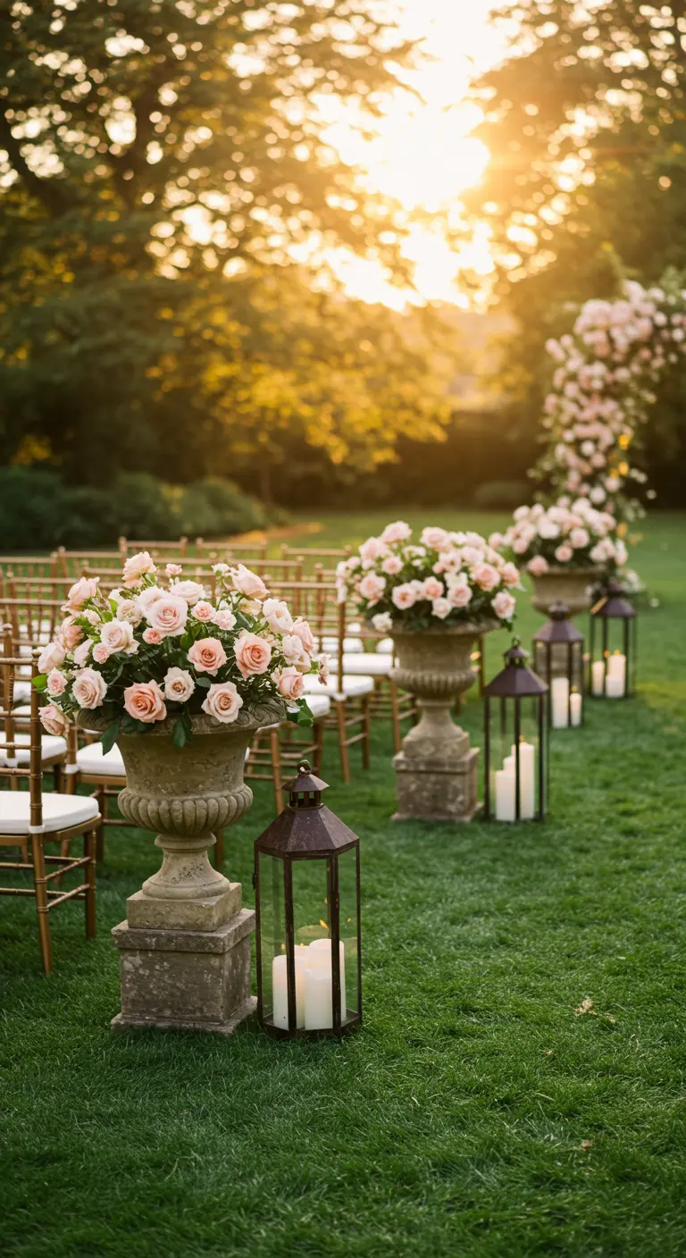 Pasillo de ceremonia en un jardín, decorado con urnas florales y farolillos con velas.
