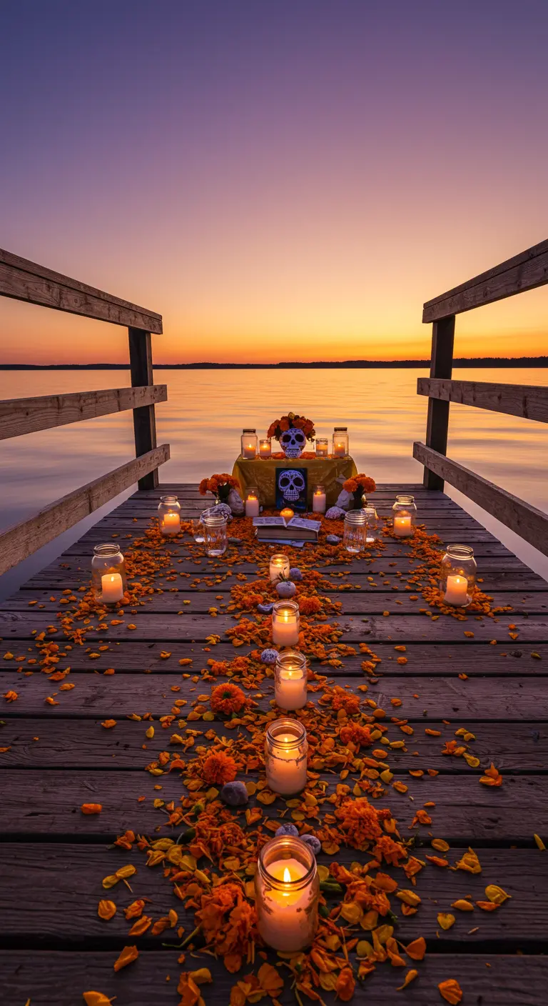 Altar de muertos en un muelle de madera al atardecer, con un camino de pétalos y velas.