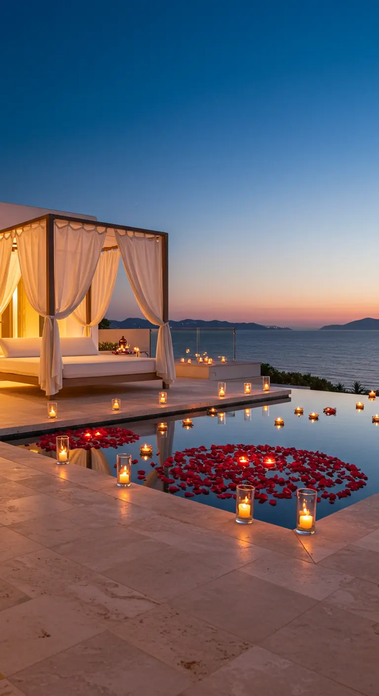 Cama balinesa junto a una piscina con velas flotantes en forma de corazón al atardecer.