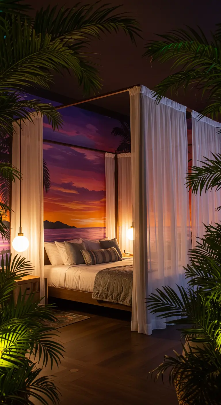 Mural de una playa tropical al atardecer detrás de una cama con dosel.