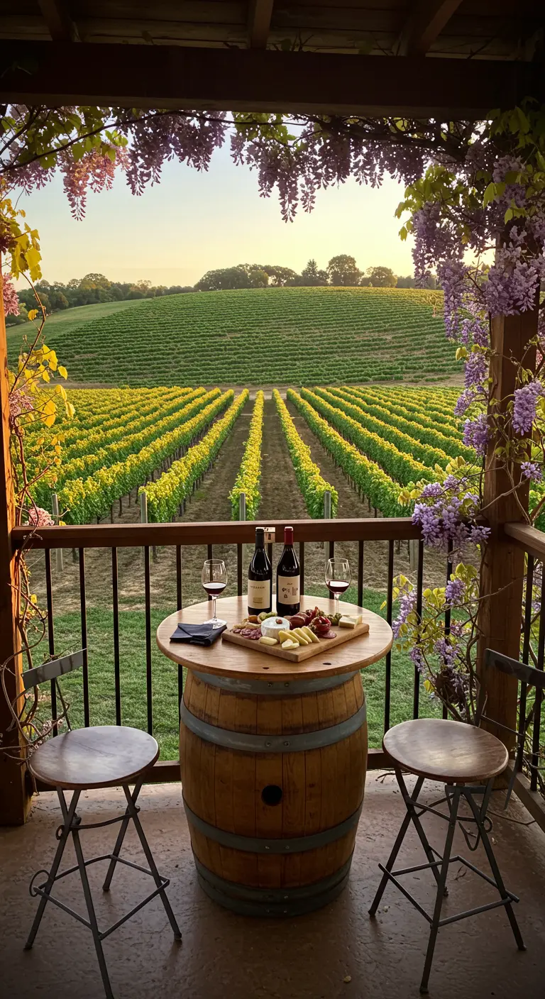 Mesa hecha con un barril de vino en un balcón con vistas a un viñedo al atardecer.