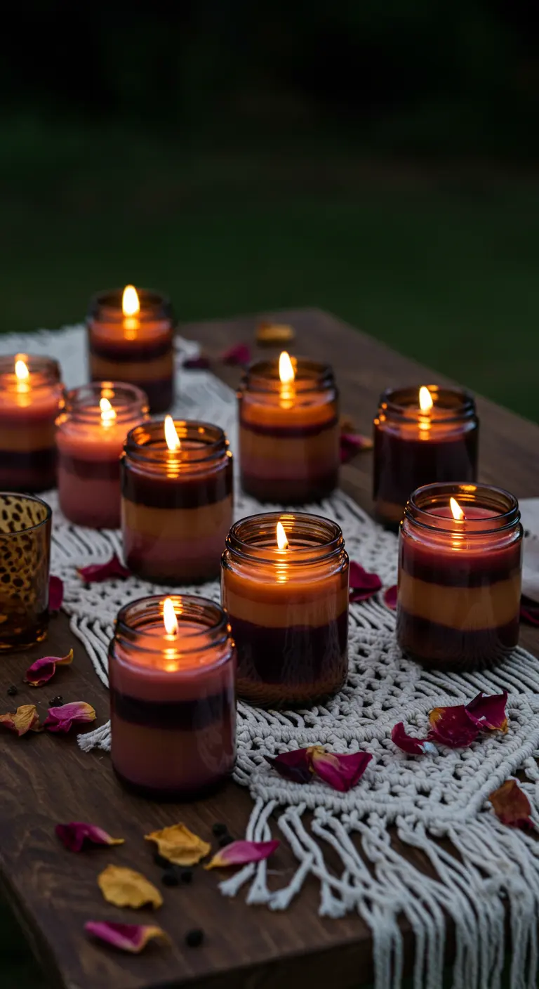 Grupo de velas en frasco con capas de colores cálidos sobre un tapete de macramé.