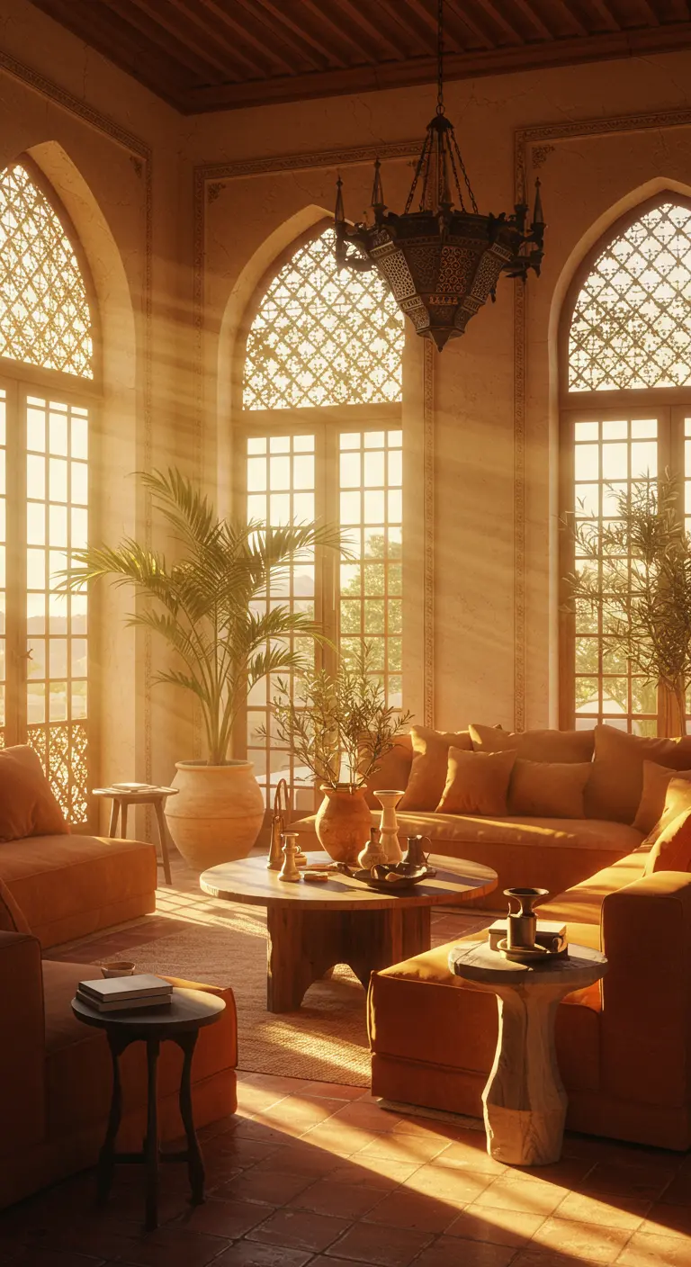 Salón cálido con luz del atardecer entrando por ventanas con celosías y sofás color teja.