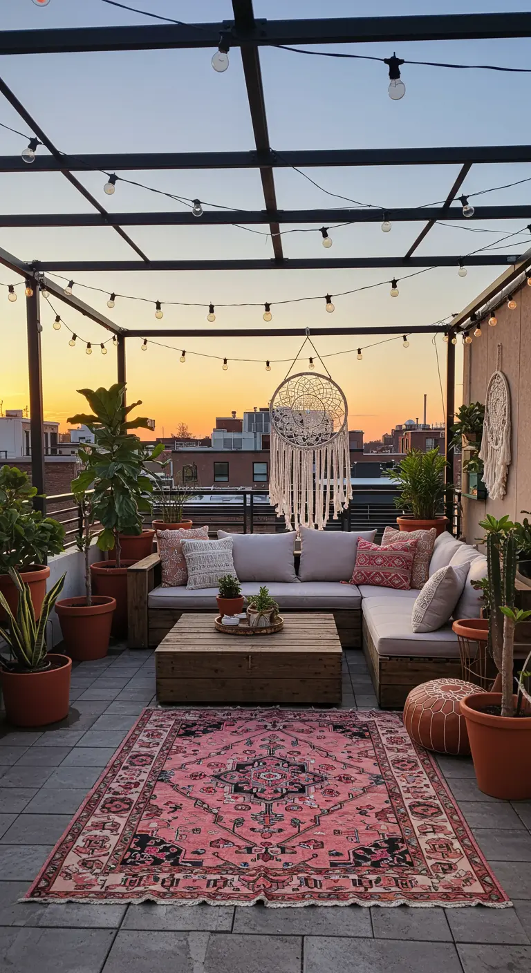 Terraza boho-chic con sofá de palets, alfombra rosa y un gran atrapasueños al atardecer