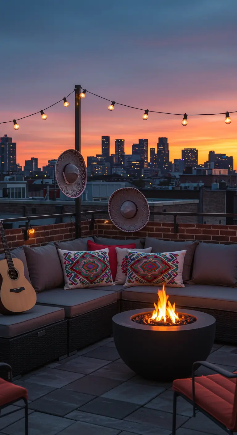 Terraza en una azotea con un fogón, sofás, luces colgantes y vistas a la ciudad al atardecer.