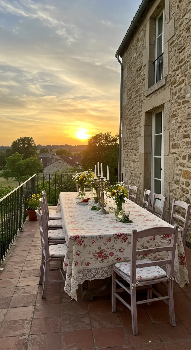Terraza rústica en una casa de piedra con mesa floral y vistas al atardecer en el campo.