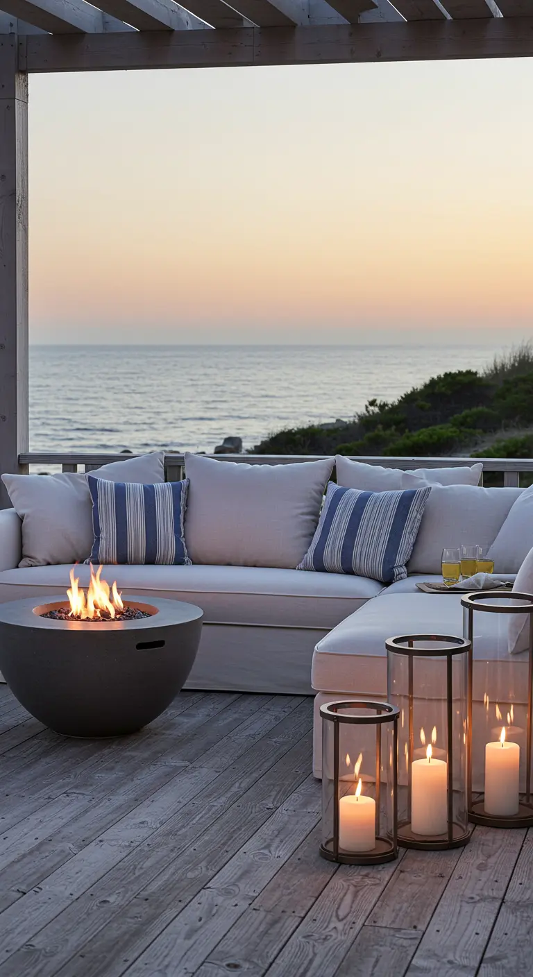 Porche con vistas al mar, con un sofá blanco y azul, un brasero y grandes faroles con velas