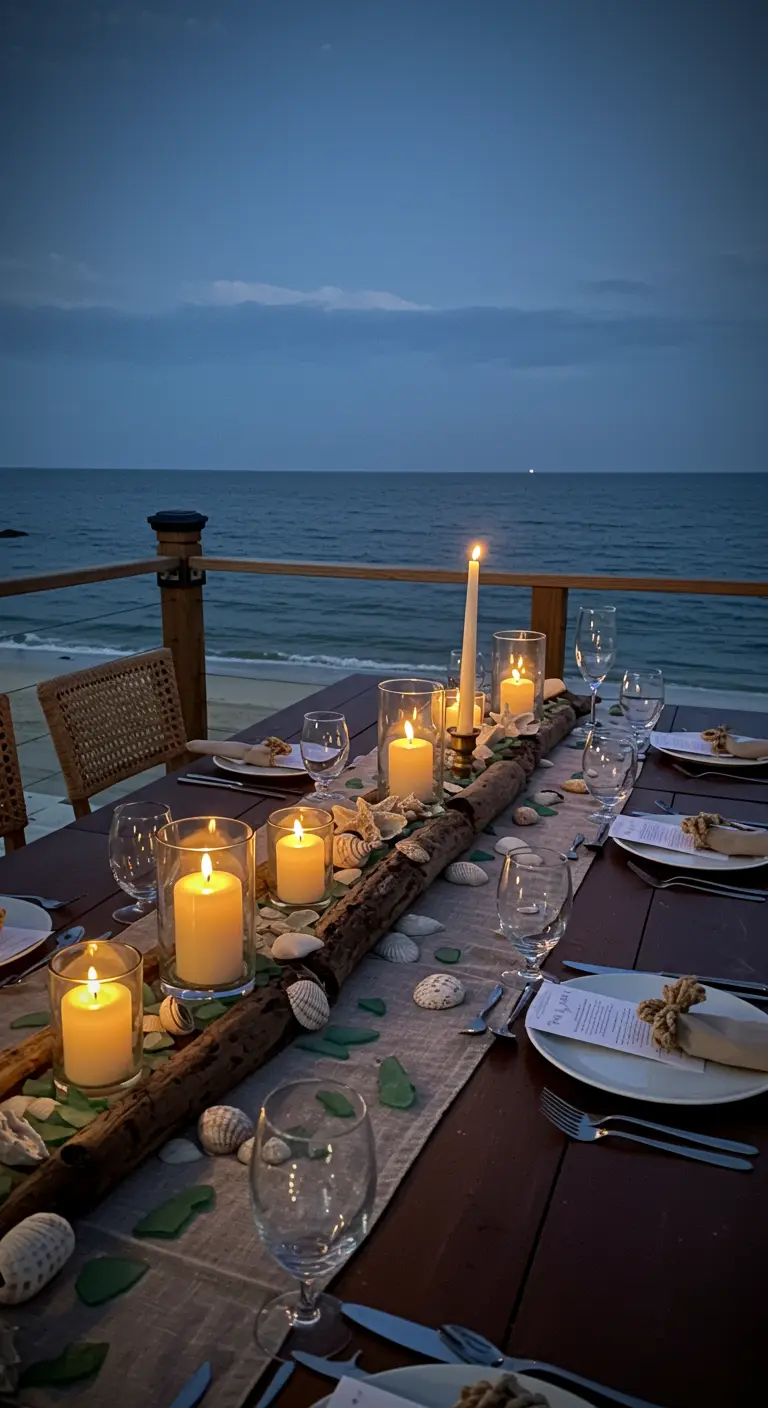 Mesa de madera frente al mar con un centro de mesa de madera de deriva, velas y conchas marinas.