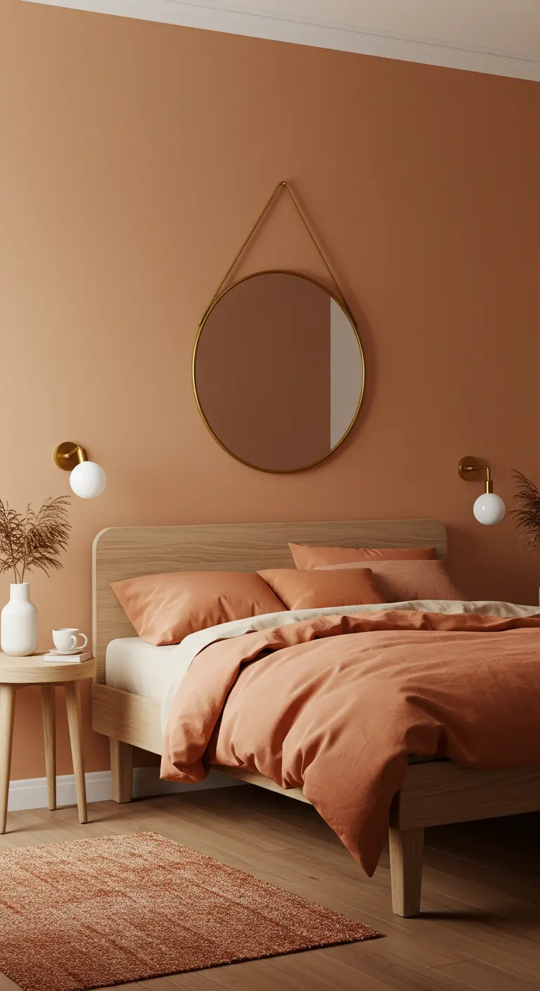 Dormitorio con paredes color terracota, cama de madera clara y espejo redondo dorado.