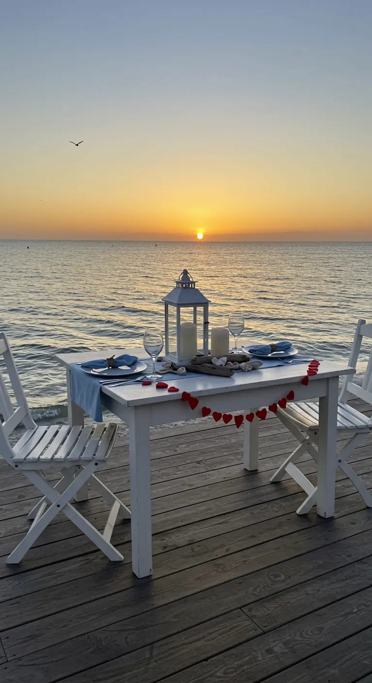 Mesa para dos en un muelle de madera frente al mar durante el atardecer.
