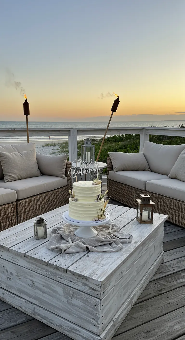 Pastel de cumpleaños en una mesa de madera blanca en una terraza frente al mar.